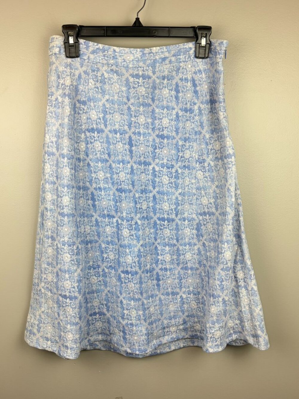 LL Bean Blue Floral Print Midi Skirt Classic Fit 100% Linen Size 10P Cottage